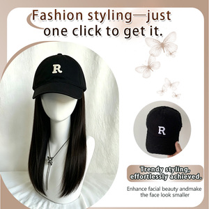 Casquette de baseball noire avec perruque intégrée et broderie lettre <span class=keywords><strong>R</strong></span>, perruque-chapeau en cheveux synthétiques lisses naturels de 20 pouces pour femme, usage quotidien décontracté - Product Image 2