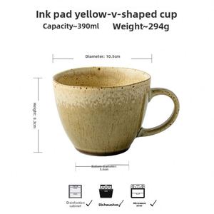 Personalized Vintage Ink Pad Yellow-V-Shaped Large-caliber <b>Ceramic</b> Mug Hand-drip Coffee <b>Cup</b> Checkered Pattern Hinged Cap - Product Image 3