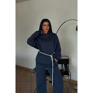 Ensemble de jogging vintage en velours bleu marine à capuche, respirant, imprimé, grande taille, maternité, hiver, couleur unie - Product Image 3