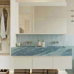 Meuble de salle de bain en bois massif bleu d'Islande de luxe italien, meuble de salle de bain flottant à lavabo simple/double avec miroir LED - Product Image 1