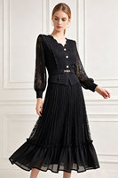 Robe plissée taille unique pour femme, manches longues lanternes, col en V ondulé, couleur unie, longueur midi, en dentelle, collection printemps-automne