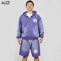 Fabricant de vêtements de rue personnalisés pour hommes surdimensionnés, délavés à l'acide, ensemble 2 pièces de short de survêtement à fermeture éclair et à capuche pour hommes et enfants