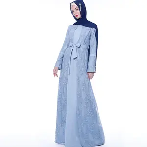 2020 Herfst Mode Effen Kleur Lange Mouwen Blauw Kant Moslim Abaya Maxi Lange Jurk Dubai Kaftan Islamitische Kleding