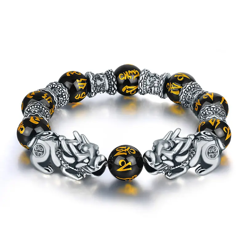 Hot Selling Attract Wealth Good Luck Silver Antique Black Mantra Natural Stone Beads FengShui PiXiu Bracelet for Men