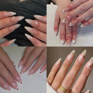 Offre Spéciale : 24 faux ongles courts style français en amande, avec nœuds dorés et rouges, pour femmes – Cadeau idéal - Product Image 2