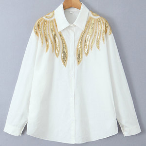 Camicette da donna personalizzate OEM camicie con colletto rovesciato <span class=keywords><strong>a</strong></span> <span class=keywords><strong>maniche</strong></span> lunghe bianche con perline di paillettes dorate con ali abbottonate top Casual - Product Image 1