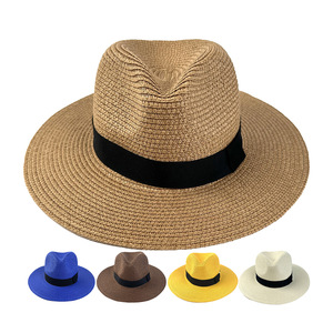 Topi Panama Anyaman Warna Solid Baru dengan Pinggiran Lebar dan Pita Hitam, Topi Jerami Fedora Pelindung Matahari untuk Musim Panas di Pantai, untuk Wanita dan Pria - Product Image 1