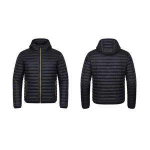 Blouson matelassé léger pour homme, color block bleu et noir, en duvet synthétique, avec fermeture éclair, personnalisable avec logo, idéal pour l'hiver et le froid. - Product Image 1