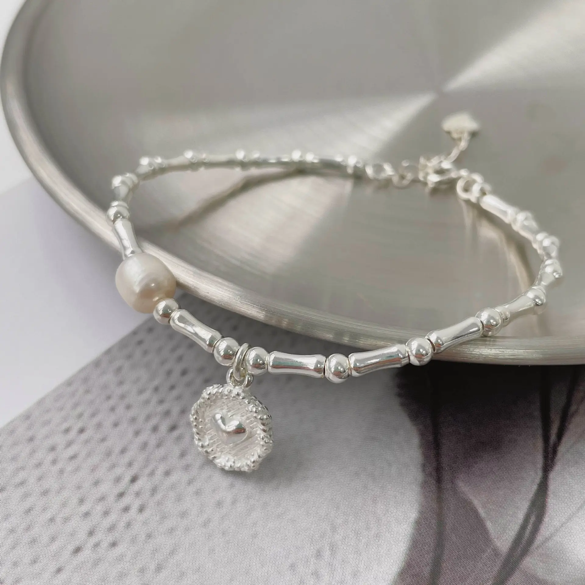 Nouvelle tendance bijoux en argent sterling 925 plaqué or blanc 14 carats perle amour charme bracelet en bambou