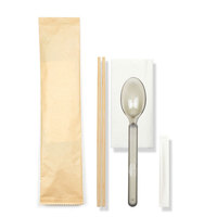 Ensemble de baguettes jetables biodégradables en bambou et de cuillères en plastique avec serviette et cure-dent, couverts jetables écologiques pour emporter
