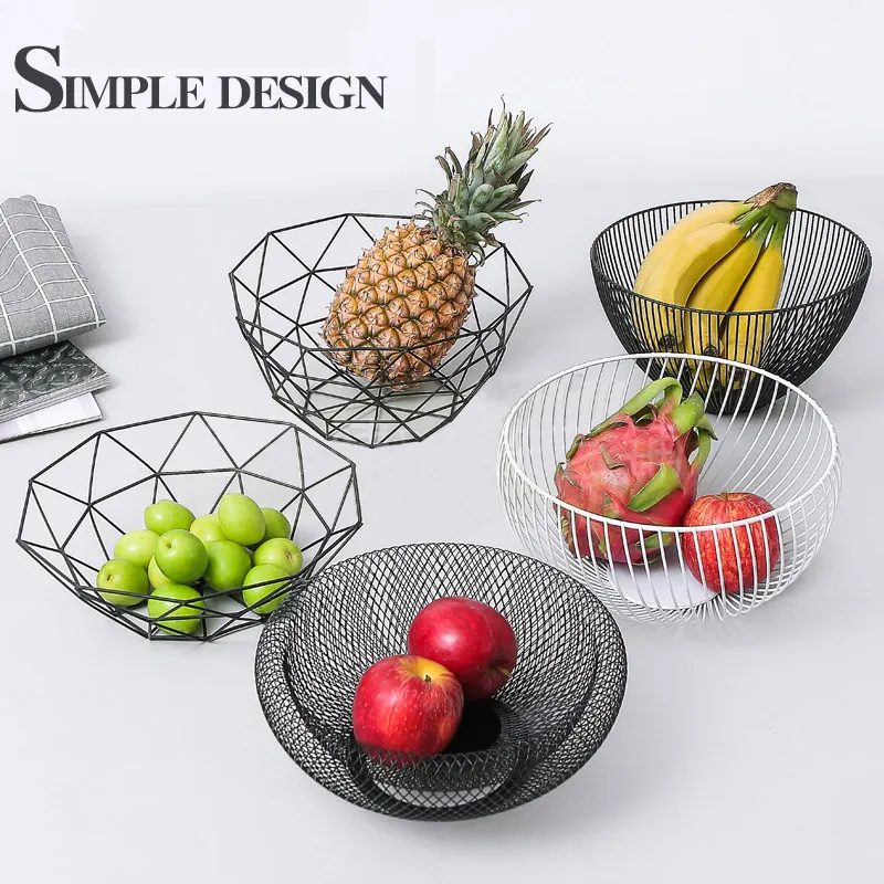 Cesta de metal para armazenamento de frutas, cesta decorativa simples nórdica para sala de estar, design criativo, moderna, para lanche, cozinha, geométrico, cesta de frutas