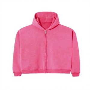 Sweat-shirt court unisexe rose à capuche zippé en molleton décontracté coupe oversize pour l'automne, à manches classiques, couleur unie, tricoté - Product Image 1