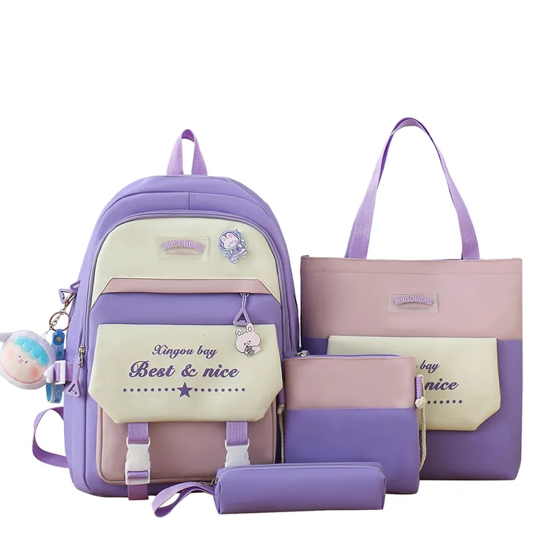 卸売キャンバス大容量4ピース1つの高校と小学校のバッグ学校のバックパックセットスクールバッグ