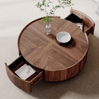 Table Basse Ronde en Noyer de Luxe Léger Moderne pour Appartement Hôtel Villa avec Tiroirs Table d'Appoint pour Salon Dessus de Table en Bois
