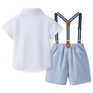 Ensemble de vêtements pour enfants style gentleman, chemise à manches courtes avec nœud papillon, <span class=keywords><strong>short</strong></span> à bretelles à carreaux pour les tout-petits garçons - Product Image 2
