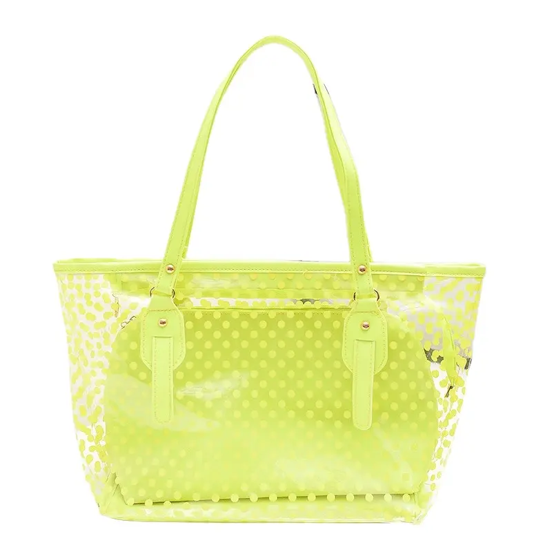 Customized Vinyl Clear Pvc Tote Shopping Bag Transparent with Black Logo Printed Women Fashion Casual Yellow Waterproof Shoulder