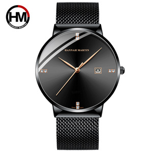 <span class=keywords><strong>Hannah</strong></span> Martin nouveau noir grand cadran incrusté de diamants simple conception à trois aiguilles hommes japon mouvement montre à quartz en acier inoxydable dos - Product Image 4