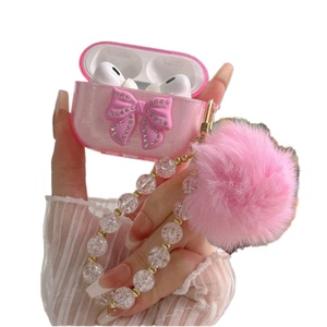 3D Bowknot <b>Glitter</b> Crystal Clear Protective Case for Airpods Pro 2 Plush <b>Ball</b> Keychain Earbuds Stylish Headphone Case - Product Image 1