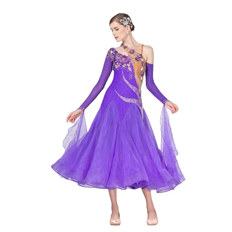 B-17207 High quality crystallized ballroom costume smooth dance dress patterns sexy purple ballroom dance dress for sale