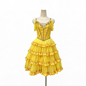 Robe de ballet romantique jaune à fleurs, à bretelles spaghetti, à volants étagés, style tutu de danse paysanne, pour Don Quichotte, robe de ballet multicouche - Product Image 1