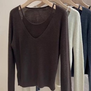 Pull en tricot à col en V pour femme, couleur café, effet deux pièces, manches longues, coupe ample, respirant, pour l'automne - Product Image 5