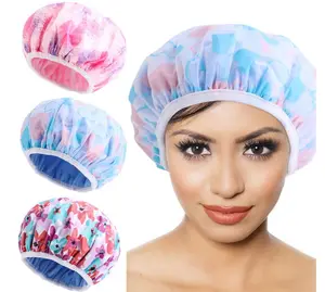 New Double Layer Terry Cloth Lined Shower Cap with Microfiber Dry Hair Function