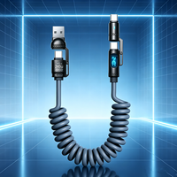 Câble USB à ressort enroulé OEM 4 en 1, câble de charge rapide PD 240W, affichage de la puissance LCD, câble de données multifonction pour téléphone et tablette