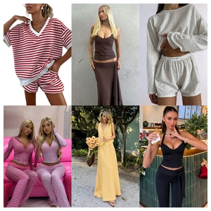 Nuevo diseño de conjunto de dos piezas de punto para mujer, informal, con top sin mangas con cuello en V y detalle de cordones, y pantalones cortos por encima de la rodilla, para verano. - Product Image 2