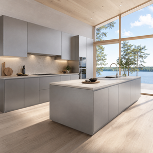 Mobili da Cucina Moderni Minimalisti Grigio Chiaro, Set Modulare con Isola in Pietra e Parete Intera di Armadietti - Product Image 1