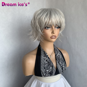 Perruque courte en cheveux synthétiques ondulés lisses gris clair blond, <span class=keywords><strong>coupe</strong></span> pixie, sans <span class=keywords><strong>frange</strong></span>, sans dentelle, pour femmes, en couches, résistante à la chaleur - Product Image 3