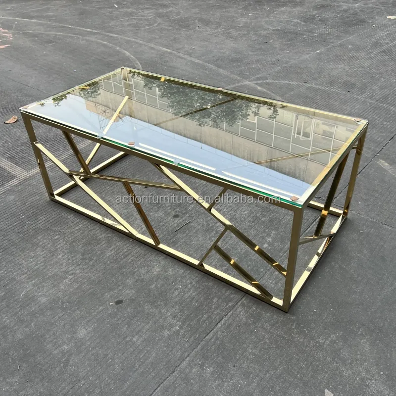 Meubles de table basse en verre rectangle de salon en acier inoxydable de haute couture en or ou en argent