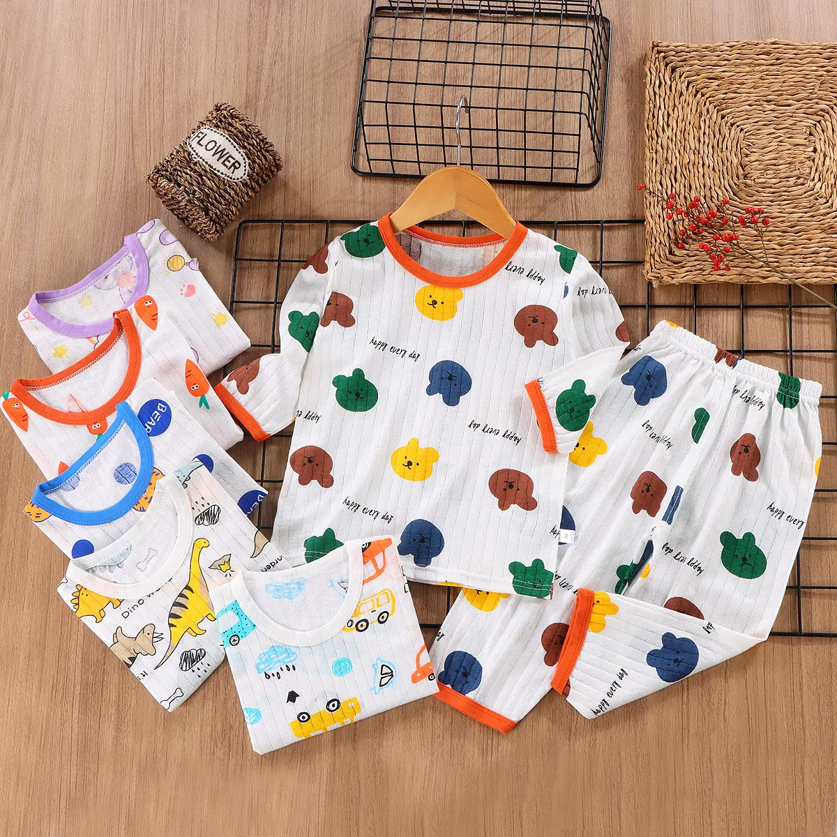 Ar condicionado infantil bebê verão estilo fino respirável pamas set sete pontos manga roupas para casa