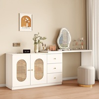 Coiffeuse moderne blanche avec armoire en verre cannelé, 3 tiroirs et tabouret cylindrique