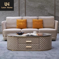 Vente chaude classique table à thé en marbre salon cuir art ovale table basse table basse en acier inoxydable