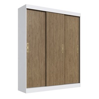Armoire de style moderne ESSENTIAL avec 3 portes coulissantes et 2 tiroirs, meubles de chambre à coucher en panneaux de particules avec revêtement en vernis céramique blanc/bois