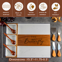 Ensemble de planches à fromage et à charcuterie en bois d'acacia et marbre blanc avec couteaux, bols, cuillères, planche à découper personnalisée pour cadeau de Noël