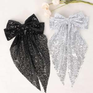 Glitter Sequins Fabric <b>Bow</b> Spring Hair <b>Clip</b> Long Tail Mesh Ribbon Barrette For Xmas Festival Evening Party Hair Decor - Product Image 5