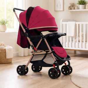 Poussette bébé double position (assis et couché) avec siège noir et capot rose pour nourrisson et tout-petit - Product Image 1
