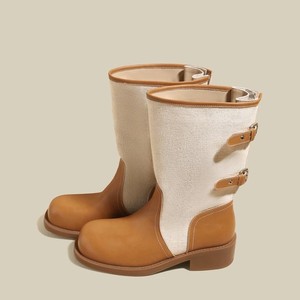 Botas Chelsea a Media Pantorrilla con Punta Redonda, Tacón Plano, Decoración de Hebilla, Parte Superior de Cuero Genuino, Suela de Goma, Zapatos de Mujer - Product Image 4