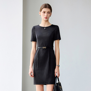 Abito lungo in stile Vintage <span class=keywords><strong>da</strong></span> <span class=keywords><strong>donna</strong></span> autunno nuova cintura semplice collo a maniche corte abito lungo in tinta unita lungo Maxi abito in tessuto Midi - Product Image 1