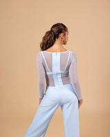 EDREI Costume de danse contemporaine lyrique bleu clair pour femme, en Spandex/Polyester, avec corsage en maille transparente à manches longues et bretelles contrastantes larges