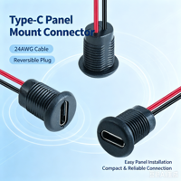 Connecteur femelle Type-C à montage sur panneau LN-006 avec câble fileté Type-C rouge et noir 24AWG pour la charge d'équipements