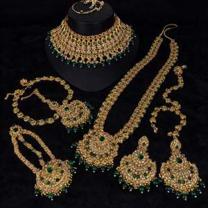<b>Gold</b> Plated Antique Bridal Jewelry <b>Set</b>: Traditional Ethnic Choker <b>Necklace</b>, <b>Earrings</b> & Maang Tikka for Women <b>and</b> Girls - Product Image 3