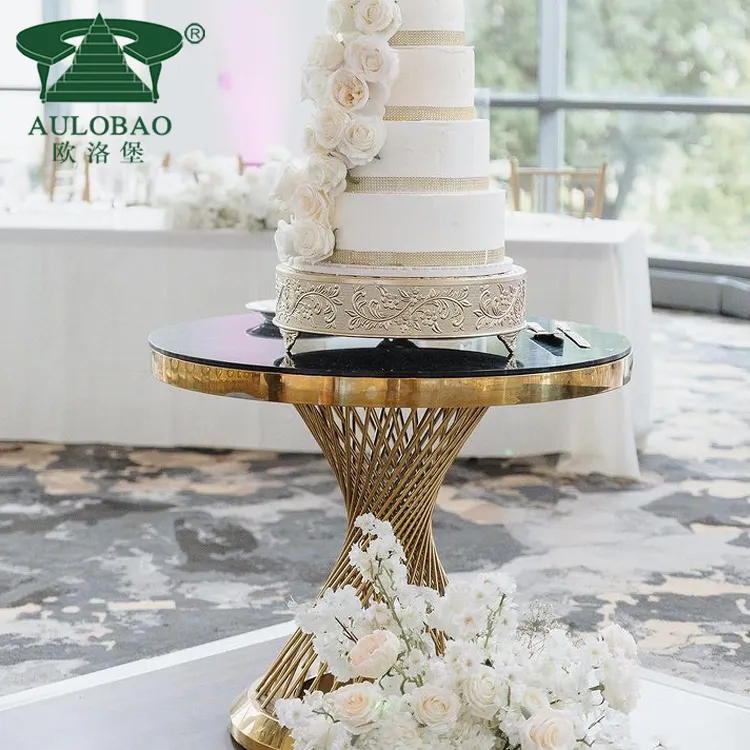 Elegante goldene Metall glasplatte zeigen Hochzeits torte Dekorations tisch