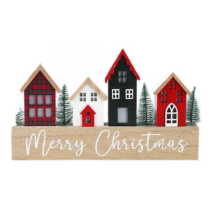 Personalised Christmas Wood Village Scene Decoration Wooden House Ornaments Table Top Decoration