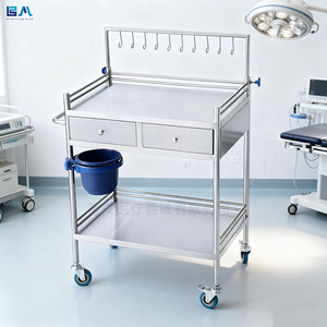 Carrito de infusión de acero inoxidable Boan 660x440x860mm de 2 niveles con ganchos y cubo, carrito de hospital - Product Image 5