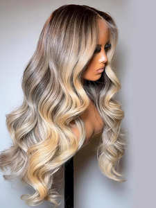 Perruque Lace Front 13x4 <span class=keywords><strong>Blond</strong></span> Cendré avec Mèches, Ondulations Souples, Cordon de Serrage, Pré-épilée, Ligne de Cheveux Naturelle, Haute Densité, Prête à Porter - Product Image 4