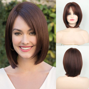 Peluca sintética Bob recta corta para mujer con parte lateral, flequillo inclinado, gorra de encaje transparente, <span class=keywords><strong>fibra</strong></span> de alta temperatura, tamaño pequeño - Product Image 6
