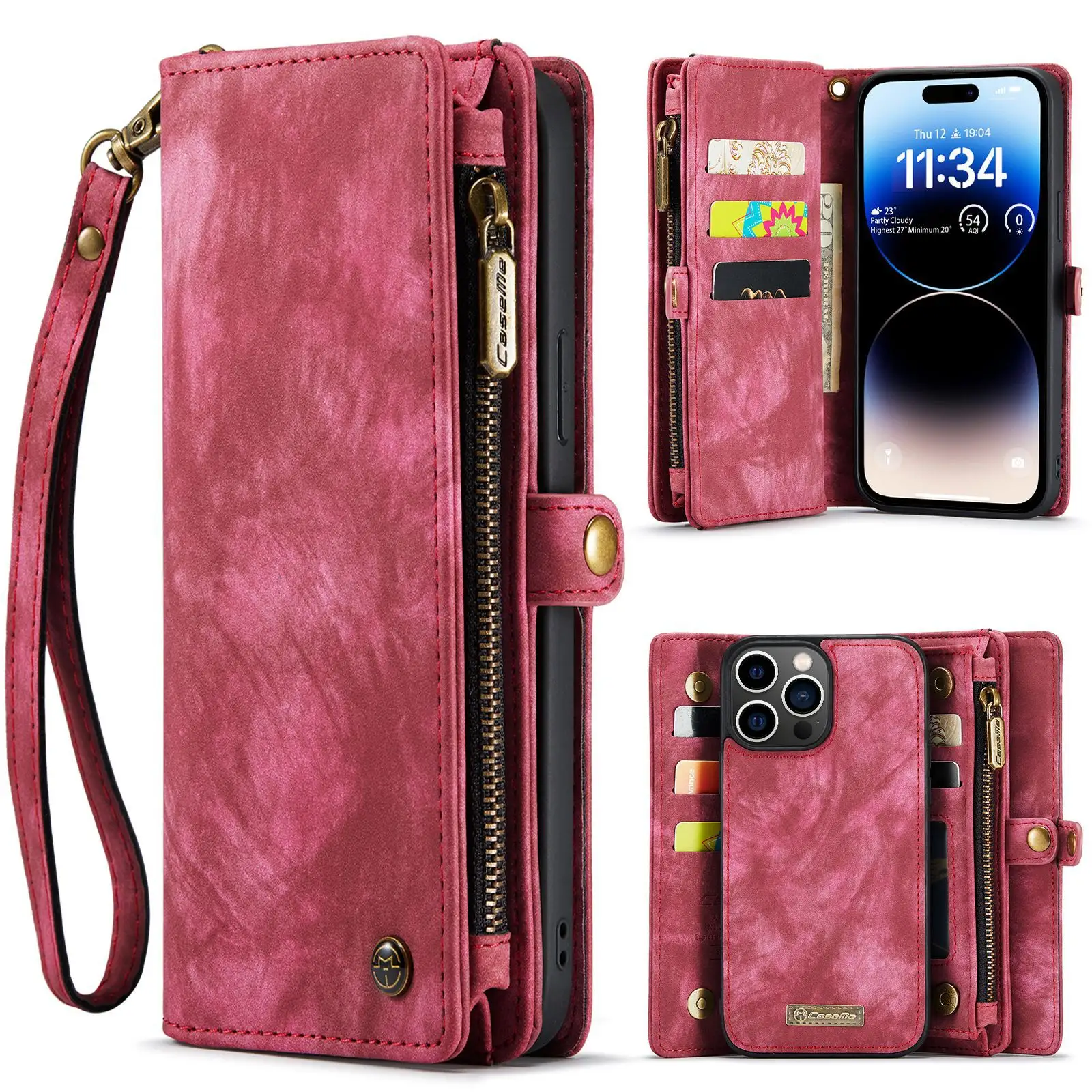for iPhone14Pro mobile phone holster for Samsung S23 multi-function card clamshell 2-in-1 zipper bag protection case