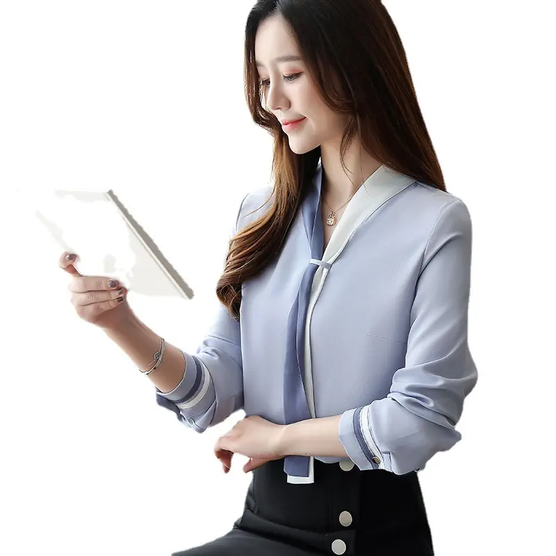 Y207072 Kemeja Kantor Wanita Sifon Longgar Elegan Blus Sifon Lengan Panjang Musim Panas Blus Korea Leher V Kasual untuk Wanita